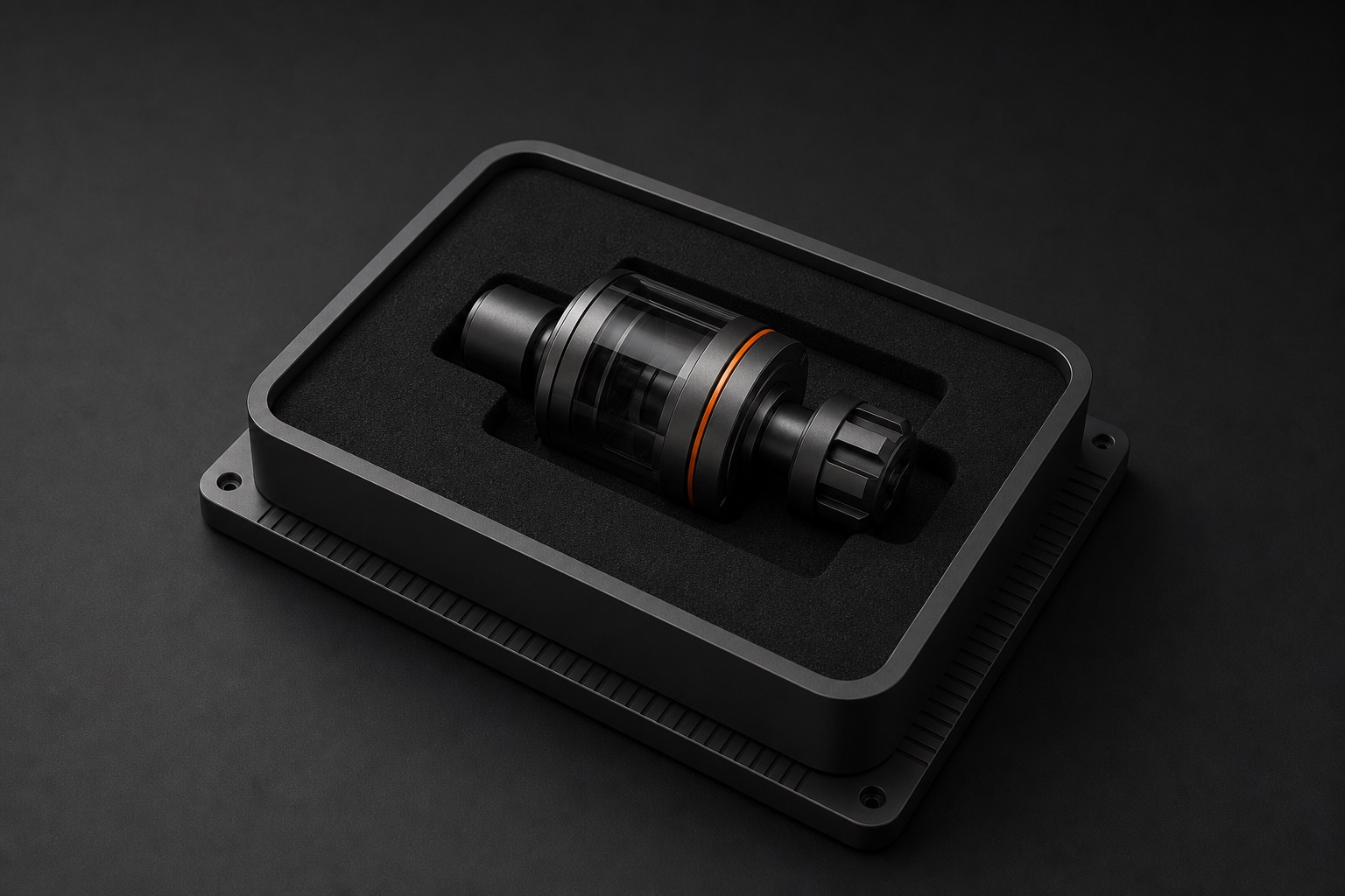 Compact graphite and smoke-glass object resolved inside a fitted presentation tray
